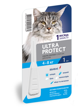 Ультра Протект ULTRA PROTECT краплі від бліх та кліщів для кішок вагою 4-8 кг, 1 піпетка