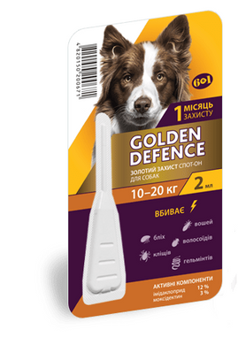 Золотая защита GOLDEN DEFENCE капли от блох и клещей для собак весом 10-20 кг, 1 пипетка