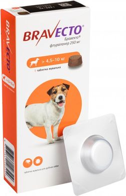 Бравекто для собак весом от 4,5 до 10 кг защита от блох и клещей, 1 таблетка