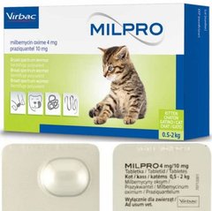 Мілпро 4мг/10мг від глистів для кошенят та малих порід кішок вагою від 0,5 до 2 кг, упаковка 4 таблетки