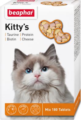 Киттис Микс Kitty's Mix Beaphar лакомство витаминизированное для кошек с таурином, биотином и сыром и протеином, 180 табл